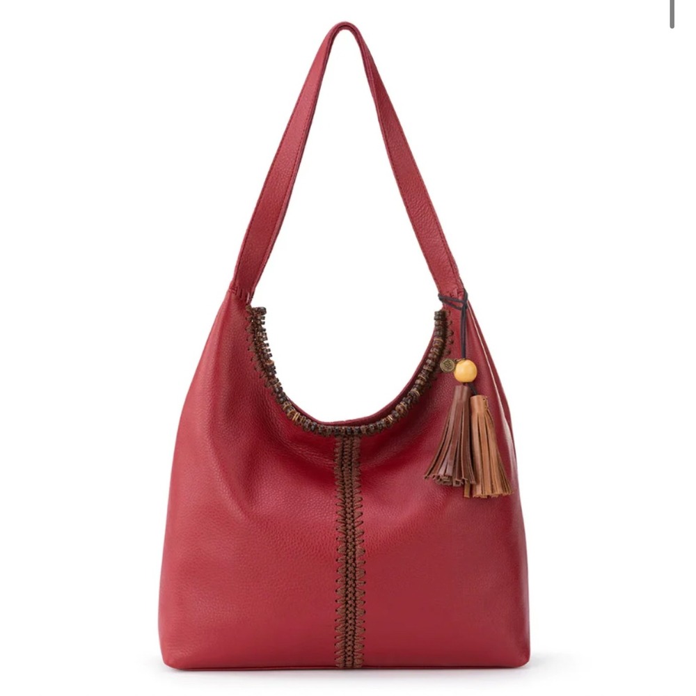 NEW The Sak Women Large Huntley Leather Crimson Red Hobo Bag Crochet Bead 108601 - Picture 3 of 16